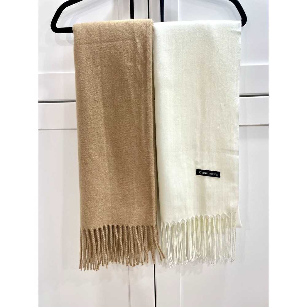 Lot of 2 Soft Scarves / Wraps With Fringe Heavyweight Camel & Ivory Cashmere
